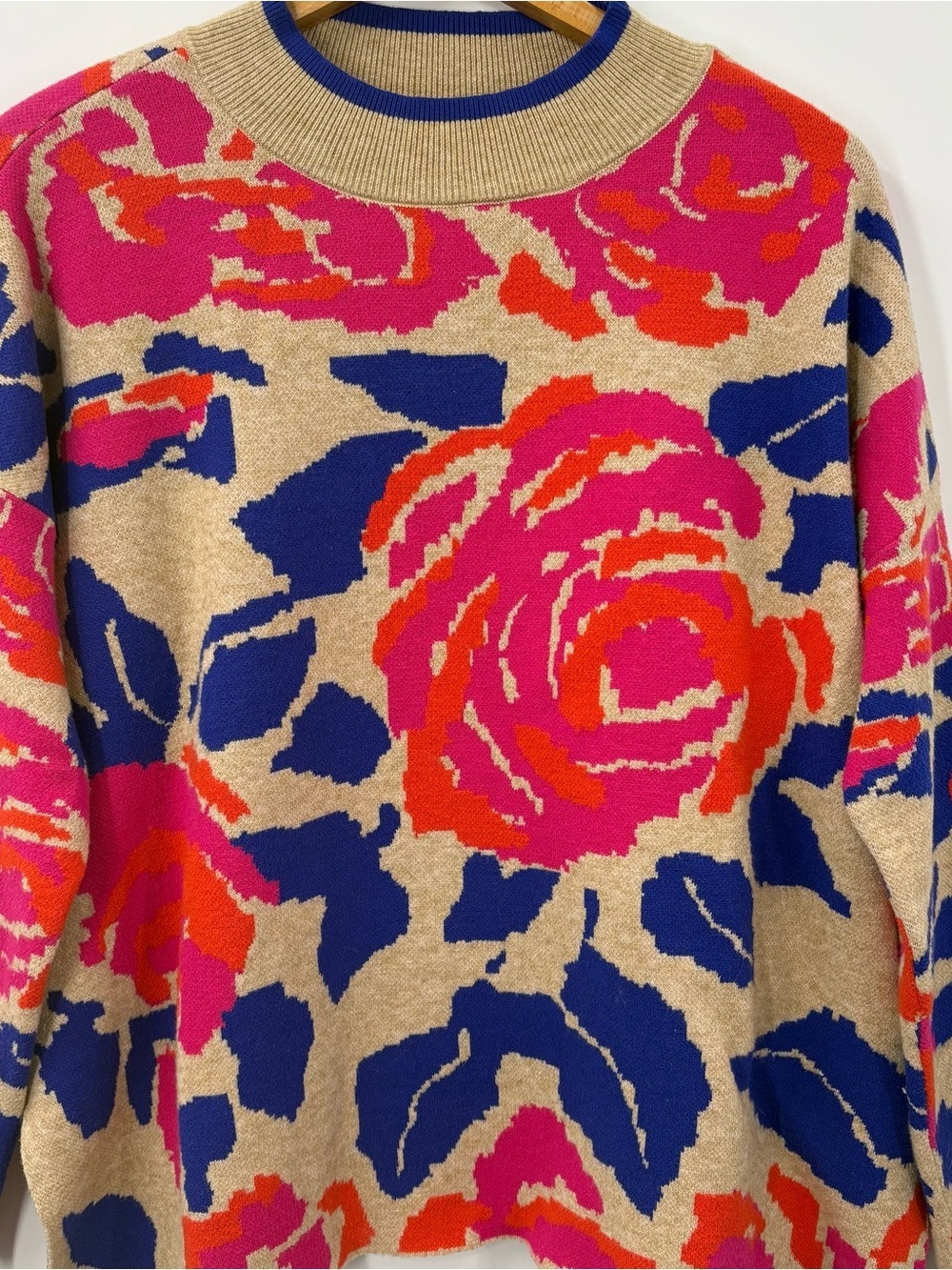 JODIFL Bloom Floral Mockneck Oversized Sweater with Pink & Blue Print size Small - Picture 4 of 9